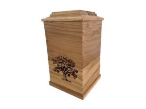 Püstine tammepuidust urn puu motiiviga, lakitud